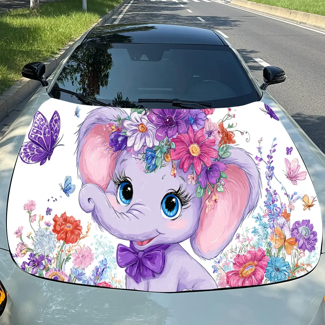 

Dreamy Elephant in a Fairy - tale Garden PVC Car Engine Hood Vinyl Wraps, Self-Adhesive Waterproof Car Hood Decal Sticker, Car D