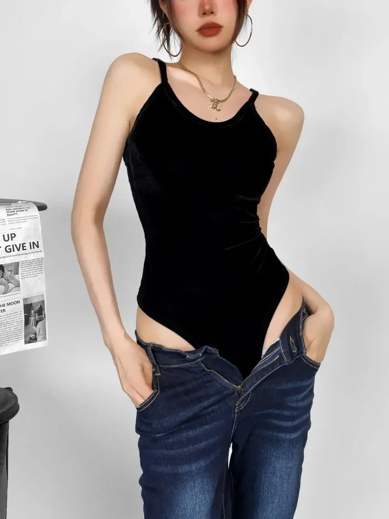 Velvet Suspender Women's Sexy Clothing Jumpsuit Pullover Bodysuit Top Sexy Sleeveless Bodysuit