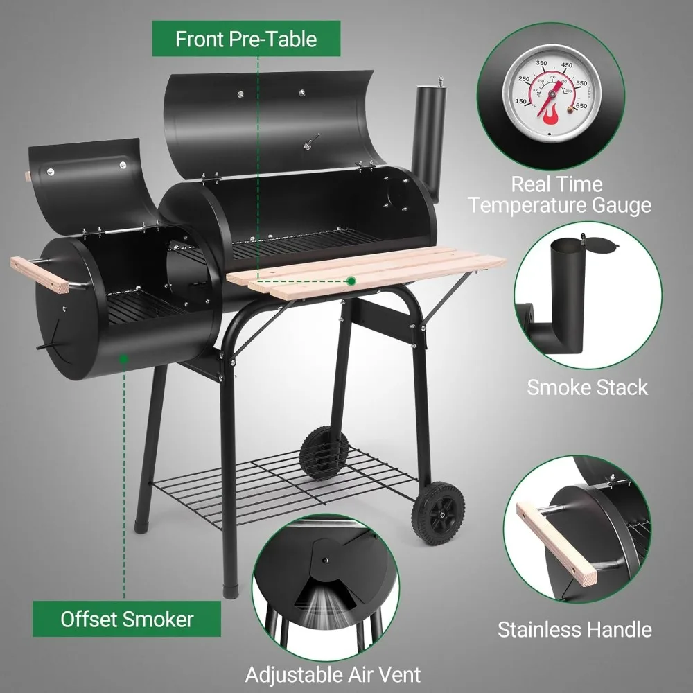 BBQ Charcoal Grill, Outdoor Patio Barbecue Cooker with Offset Smoker, Wheels and Tray for Balcony Picnics, Party and Camping