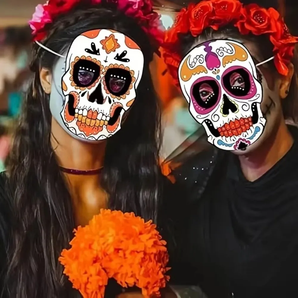6Pcs New Full Face Halloween Skull Mask Lightweight Paper Skull Face Mask Colorful Mexican Skull Mask Day Of The Dead