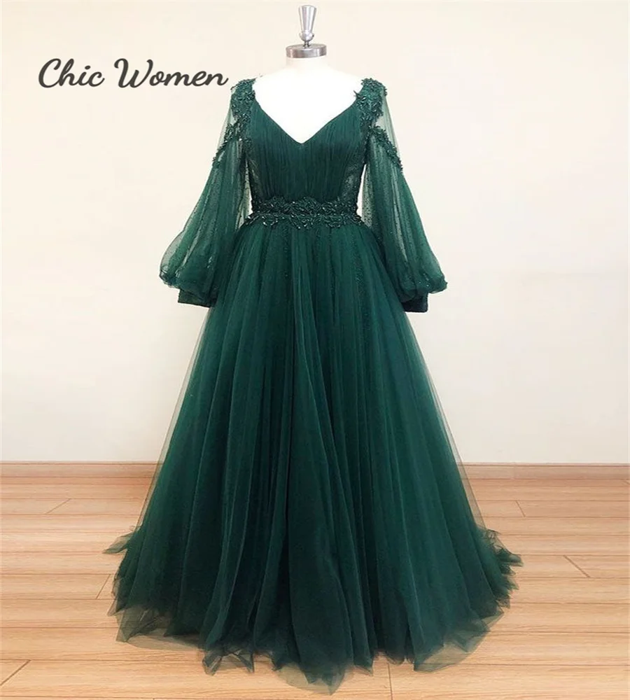 

Dark Green Long Sleeve Evening Dress Sexy V Neck Floor Length Tulle Prom Dress 2023 Beaded Fitted Custom Made Birthday Party