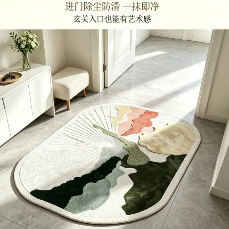 Art abstract landscape entry floor mat, special-shaped oval entrance door handmade carpet