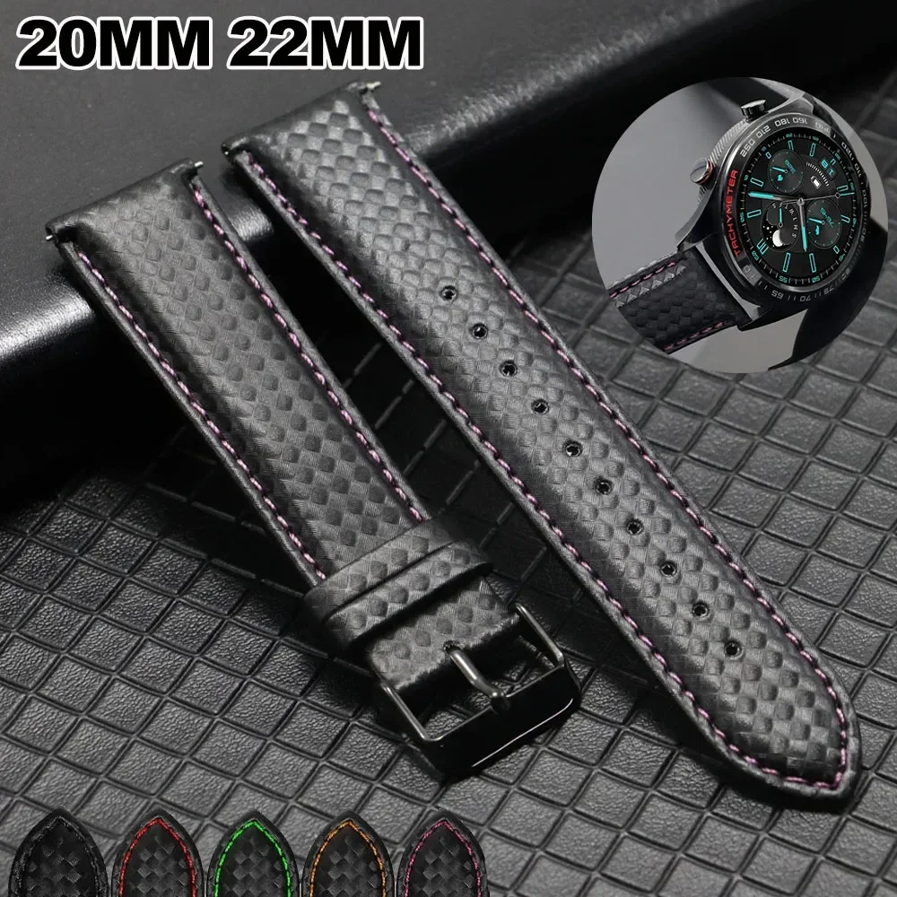20mm 22mm Quick Release Black Carbon Fiber Leather Watch Strap Band For Galaxy Watch 7 6 5 4 40mm 44mm Gear S3 Replacement Band