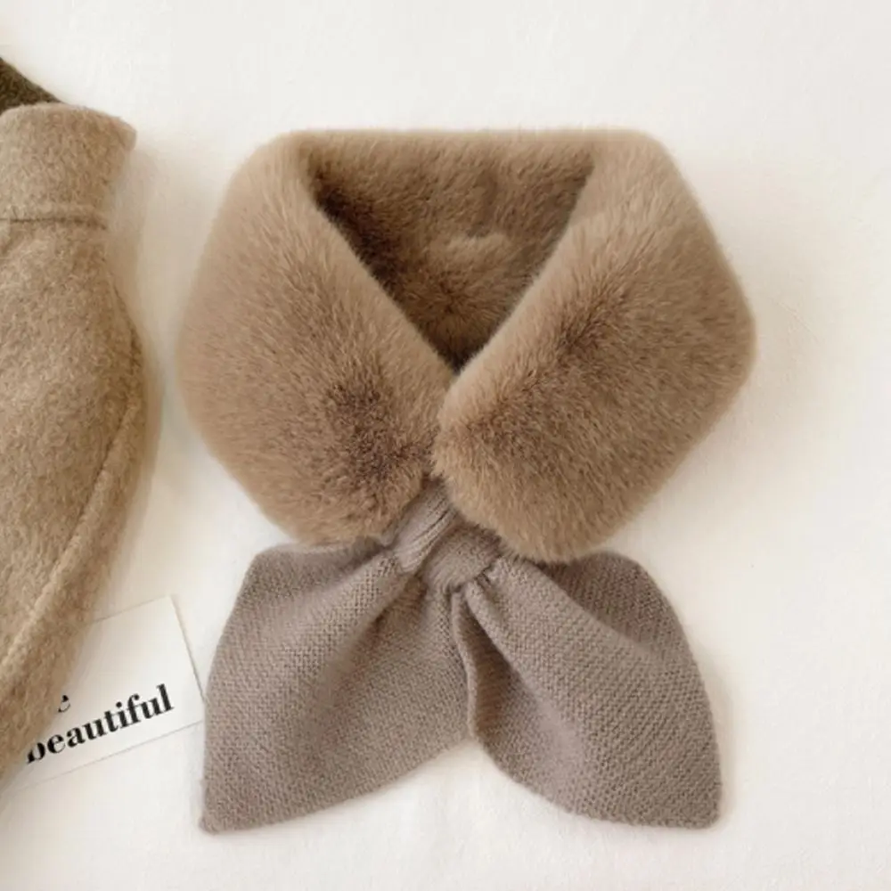 Korean Women Knitted Wool Warm Scarf Autumn Winter Faux Fur Rabbit Thicken Windproof Cross Fake Neck Guard Scarves