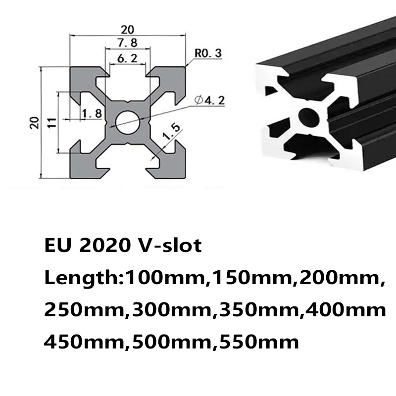 1PC 2PCS 100-550mm European Standard 2020 V-slot Aluminum Extrusions Profiles Anodized Linear Rail Frame Table Rack 3D Printer