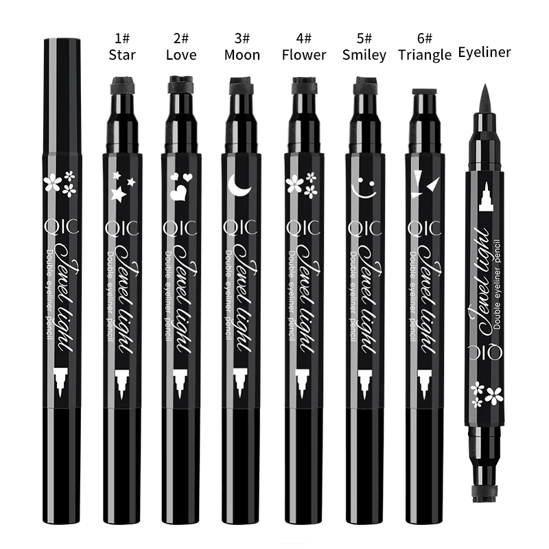 QIC Black Seal Eyeliner Pen Star + Moon Stamp Long-Lasting Eye Liner Pencil Eyes Makeup Cosmetics Waterproof Eyeliner Smiley