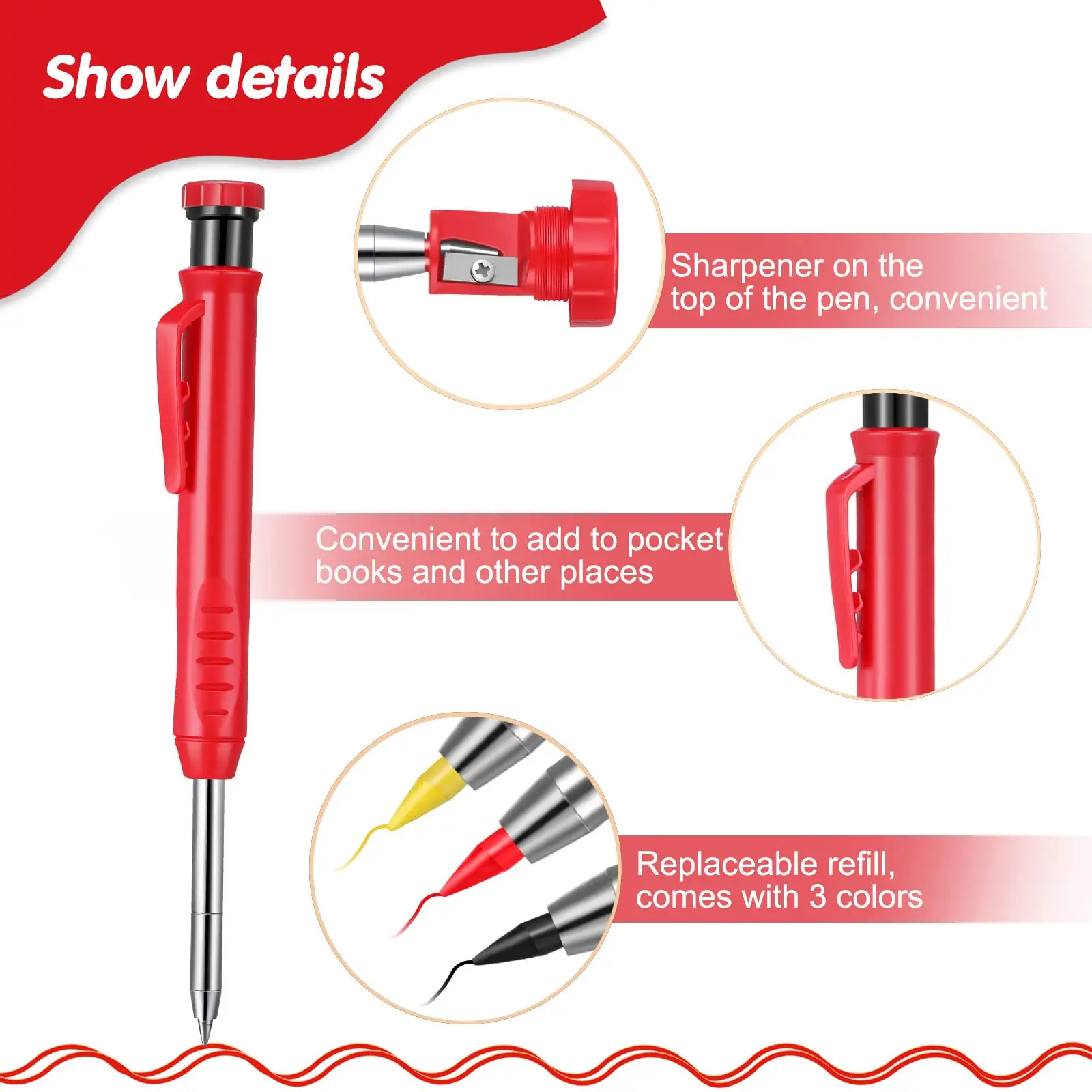 Solid Carpenter Pencil with Refill Leads and Built-in Sharpener for Deep Hole Mechanical Pencil Marker Marking Woodworking Tools