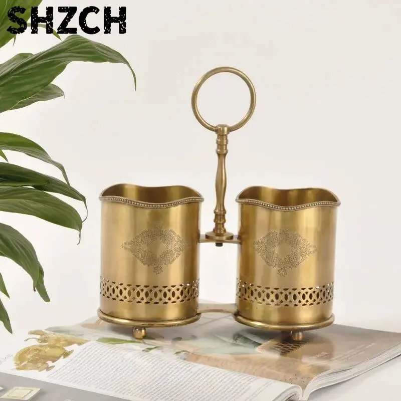 Brass Utensil Holder Vintage Double Cutlery Caddy with Handle Farmhouse Kitchen Flatware Organizer Tabletop Decor forDining Room
