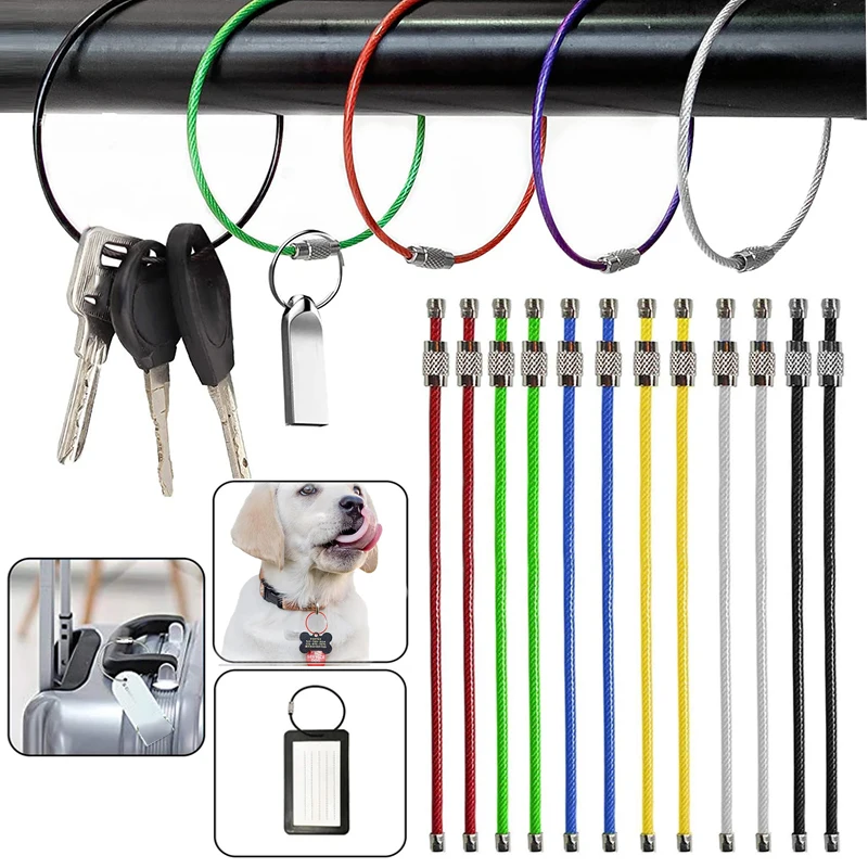 30pcs~10pc 6 Colors Keychain Tag Rope Stainless Steel Wire Cable Loop Screw Lock Gadget Rings Key Keyring Circle Camp Hand Tool