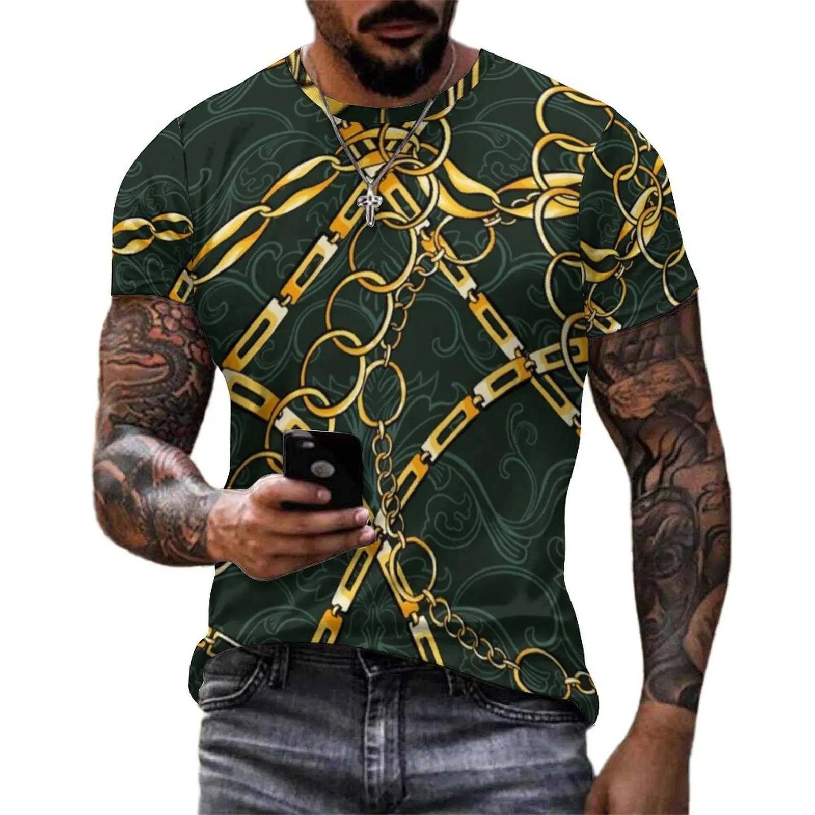 Jewelry Gold Chains T-Shirt Gold Link Print Cool T Shirts Short Sleeve Design Tops Wholesale Summer Awesome Big Size Clothes