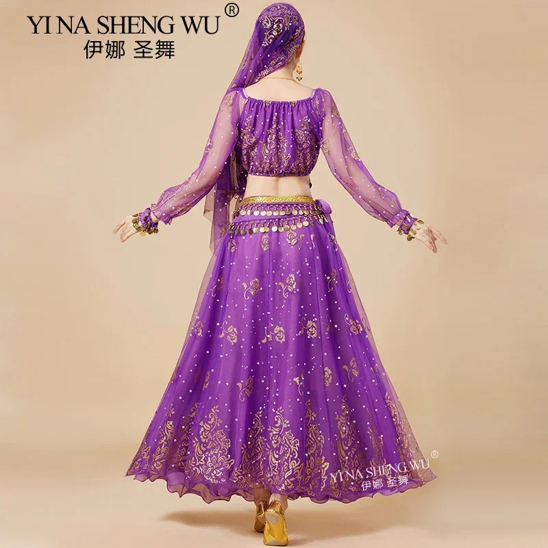 Bollywood Danskostuum Volwassen Vrouwen Indiase Dans Oosterse Buikdans Prestaties Kleding 120D Chiffon Lange Mouw Top Rok Set