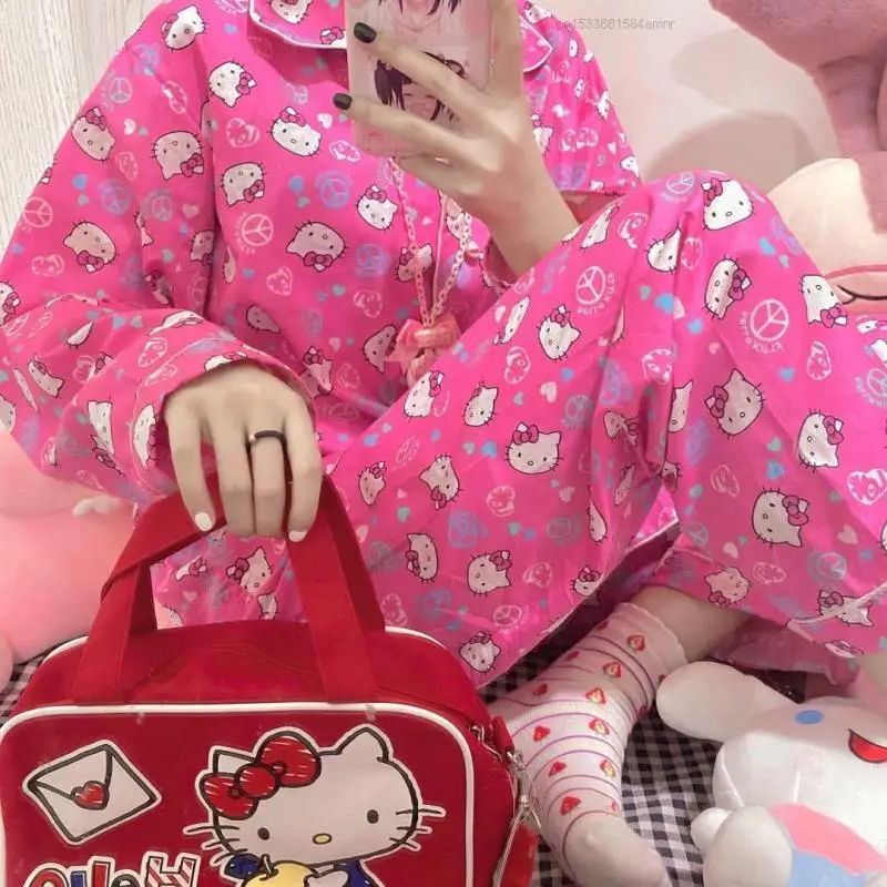 Hello Kitty Pajamas Cute Sanrio Cartoon Pajamas Set Long Sleeved Trousers Cardigan Top Women Clothing Set Sleepwear Home Clothes