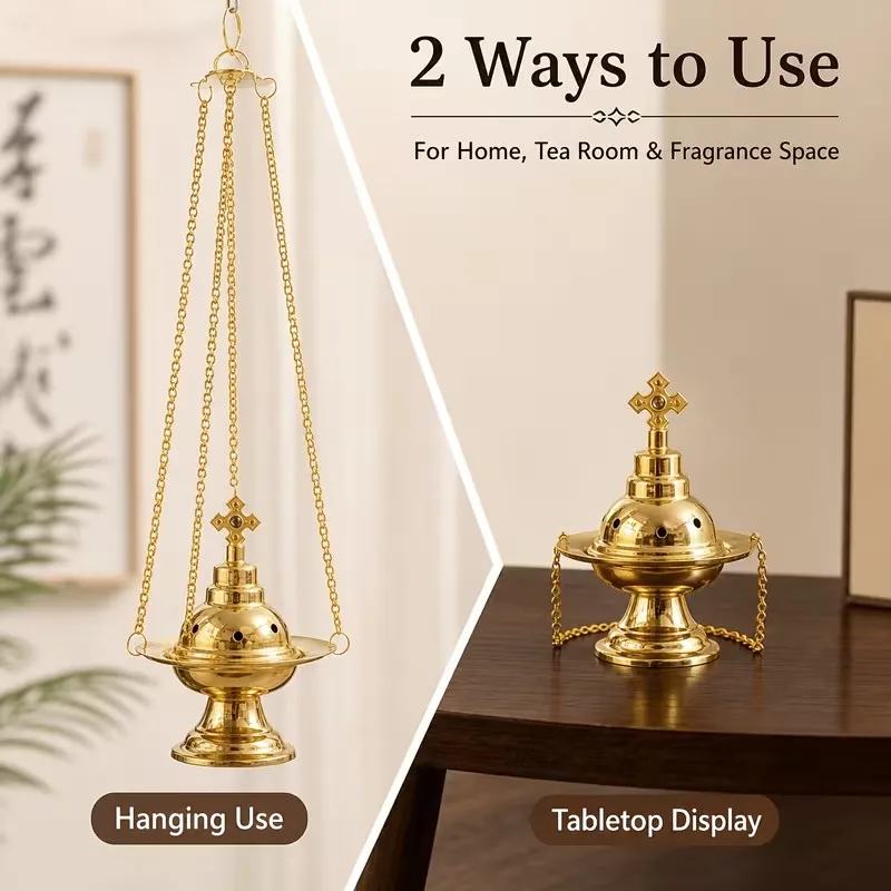 Gold-colored hanging incense burner, portable three-chain metal incense burner, suitable for resin, charcoal, and frankincense, can be used as home or tea room decoration and as a gift