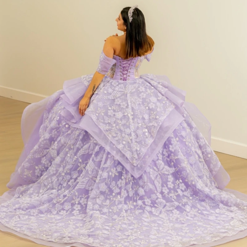 Lilas clair brillant Quinceanera robes hors de l'épaule paillettes arc perles cristal tulle fête anniversaire doux 16 robe robes 15