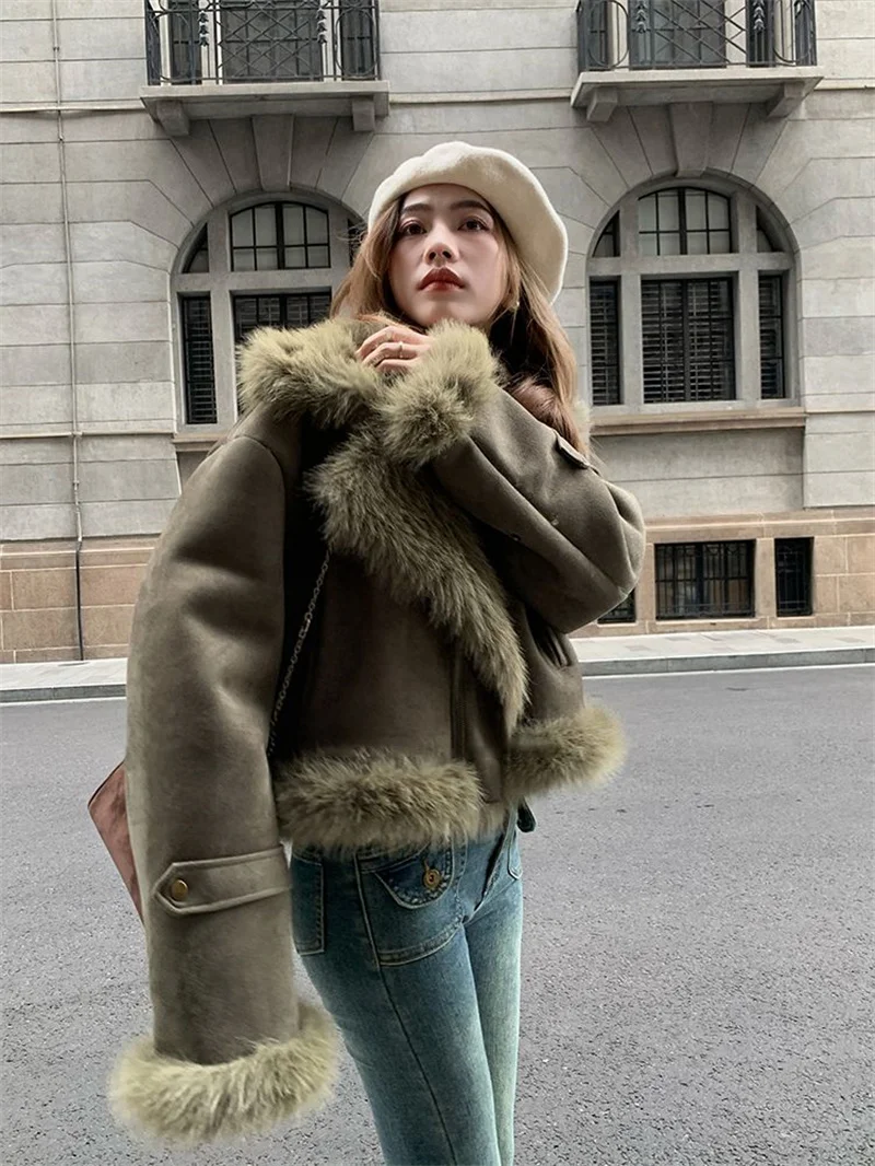 Autunno e inverno cappotto di pelliccia sciolto in pelle scamosciata breve moda bella tuta da moto femminile sottile coreano giacca di pelle Casual