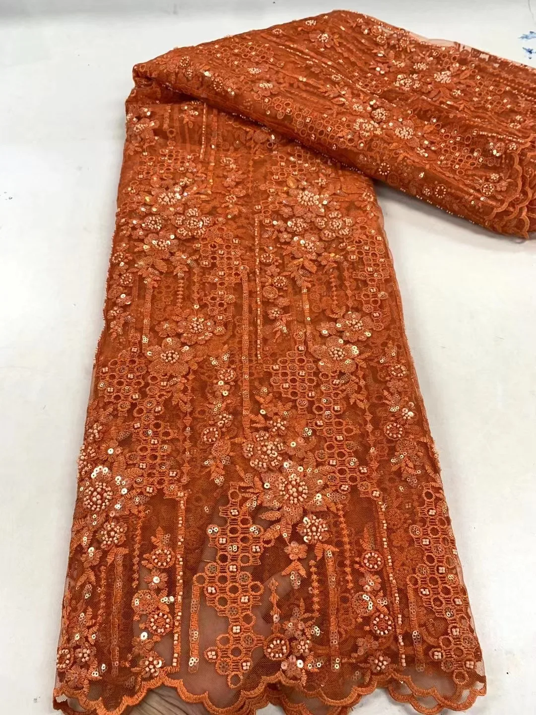 

Orange Luxurious High -End French Beaded Lace Fabric 2023 Latest African Sequins Lace Fabric For Wedding Dress Sewing