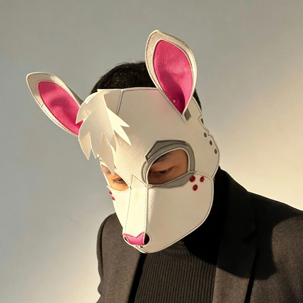 Punk Rabbit Mask White Bunny Pattern PU Leather Adult Animal Face Mask Fursuit Halloween Masquerade Cosplay Party Costume Prop view 3
