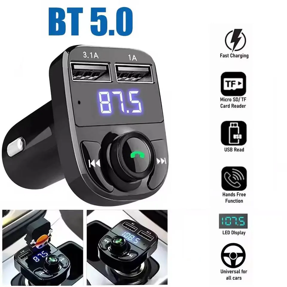 Car Hands-free Bluetooth 5.0 FM Transmitter Car Kit MP3 Modulator Player Dual USB Ambient Quick Charge Adapter For Car