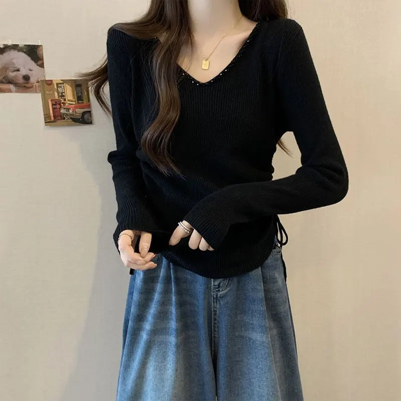 Female Clothing Diamonds V-Neck Sweaters Basic Solid Color Autumn Winter Fashion Shirring Drawstring Casual Slim Knitted Jumpers