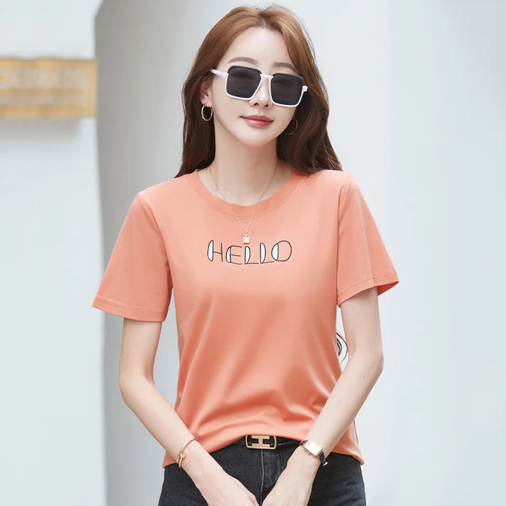 

New Women Summer Loose T-shirt Fashion O-Neck Short Sleeve Letter Print Tees Tops Simplicity Casual Basic Orange T-shirt