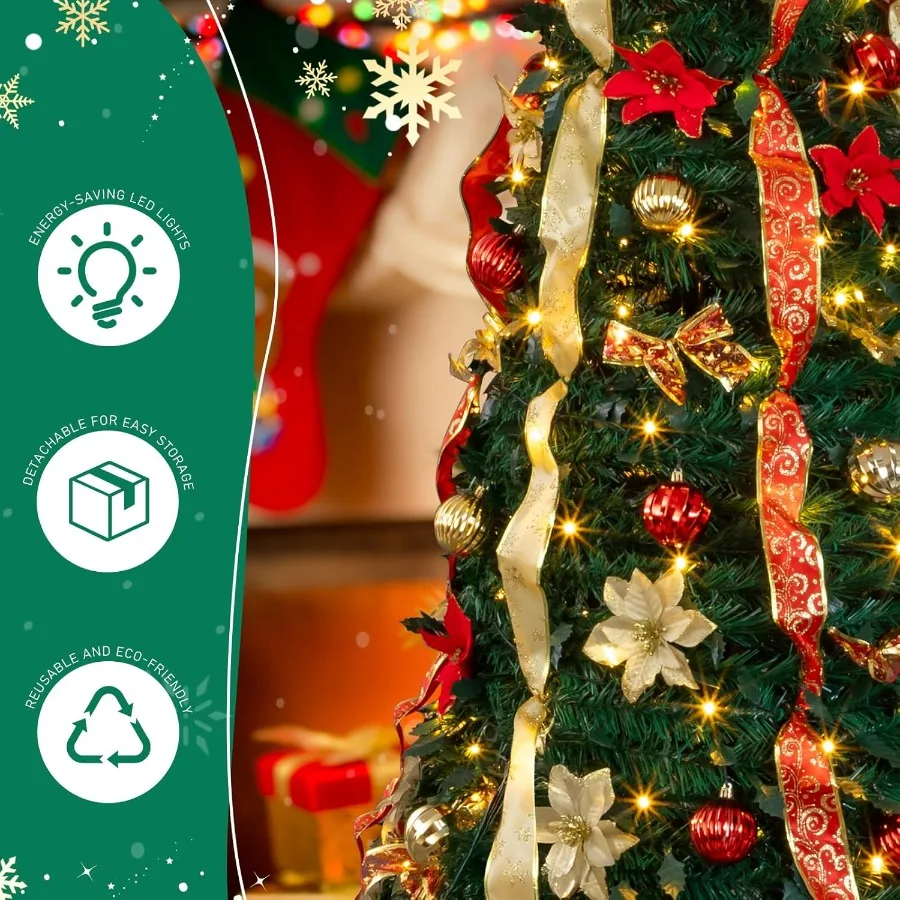 Árvore de Natal pop-up de 7 pés com luzes Árvore de Natal dobrável pré-iluminada com 200 luzes brancas quentes e 8 modos de suspensão Decorat