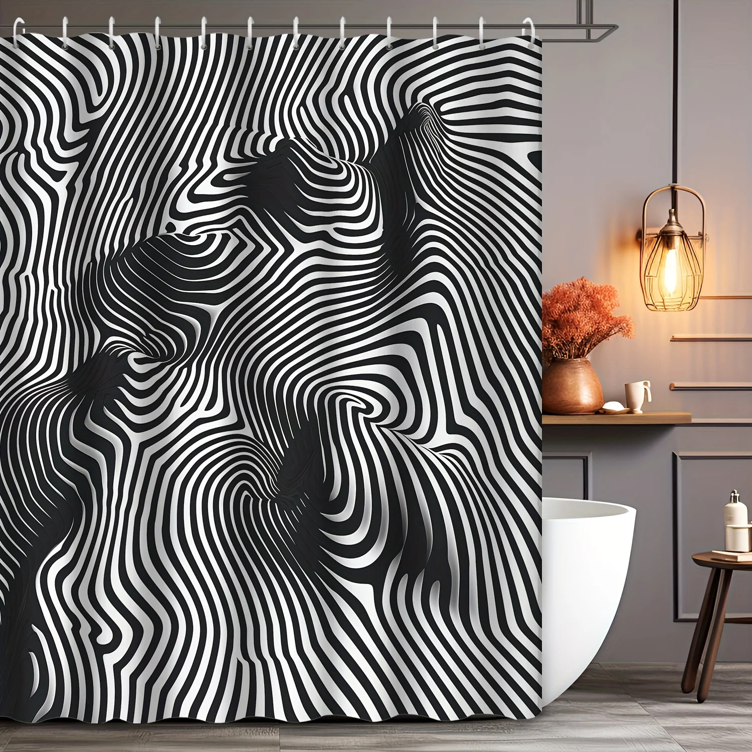 

Black and White Striped Shower Curtain, 3D Optical Illusion Wave Pattern, Modern Abstract Geometric Bathroom Decor, Waterproof