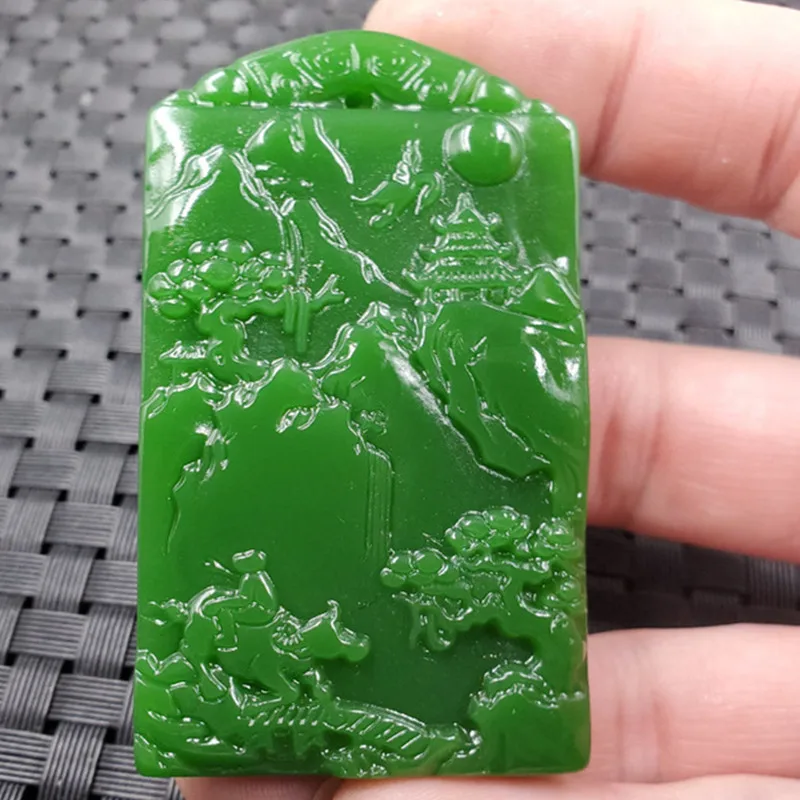 Natural Green Hand-carved Landscape Jade Pendant Fashion Boutique Jewelry Men and Women Landscape Painting Necklace