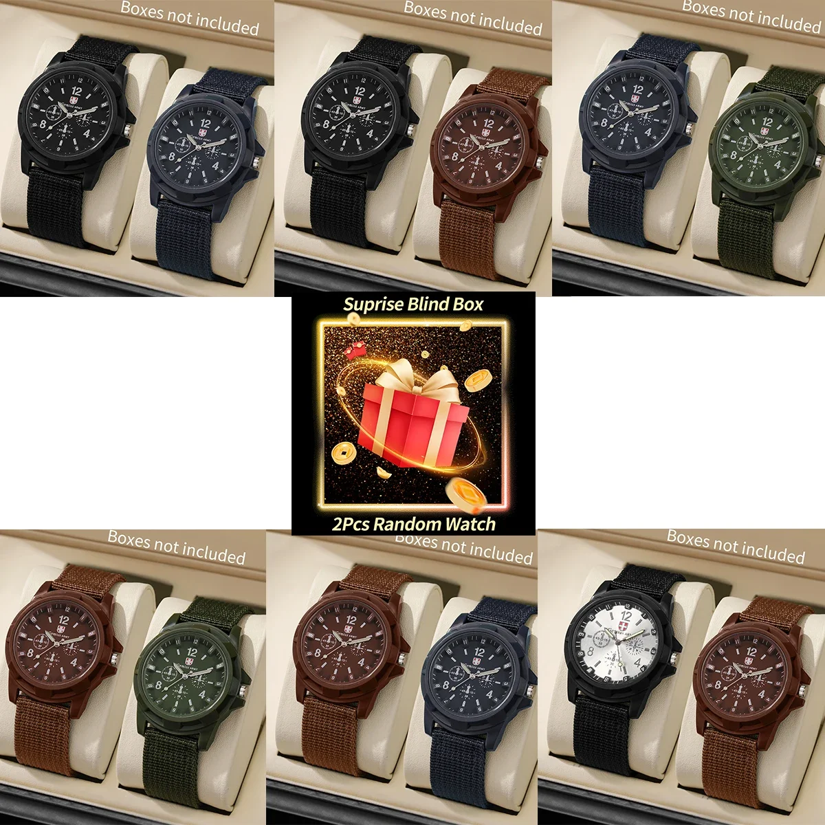 Surprise Blind Box 2Pcs Reloj Hombre Aleatorio Reloj Deportivo Militar Cuarzo Correa Nylon Reloj Casual Regalo, Sin Caja