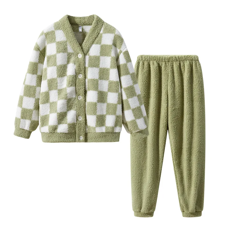 

High End Thick Warm Women's Pajamas Set Casual Plaid Winter Sleepwear Home Clothing Couple Coral Fleece Flannel Nightwear Pijama