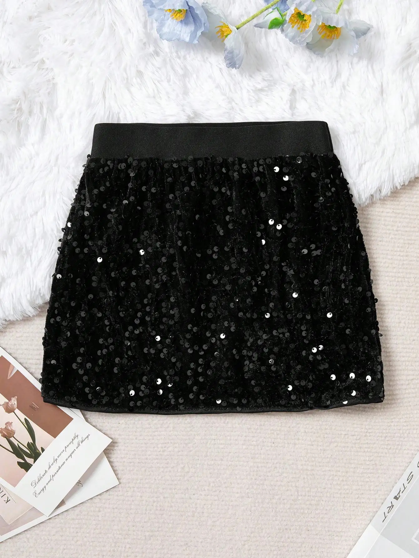 

Black Sequin Mini Skirt for Girls, Sparkly Party Wear, Velvet Base