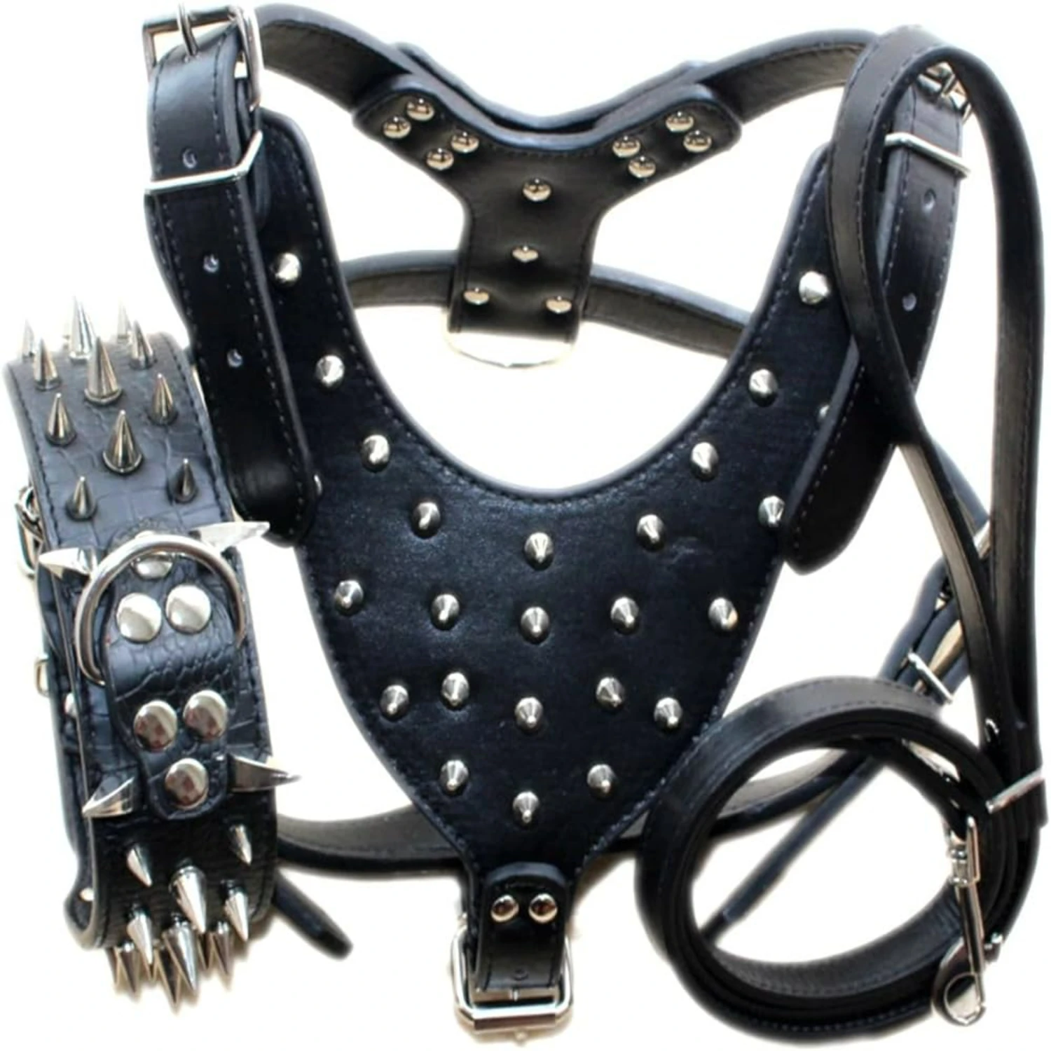 

Stylish, Spiked, and Studded Leather Collar, Harness, and Leash Set for Medium to Large Breeds like Pit Bulls, Mastiffs, Boxers,