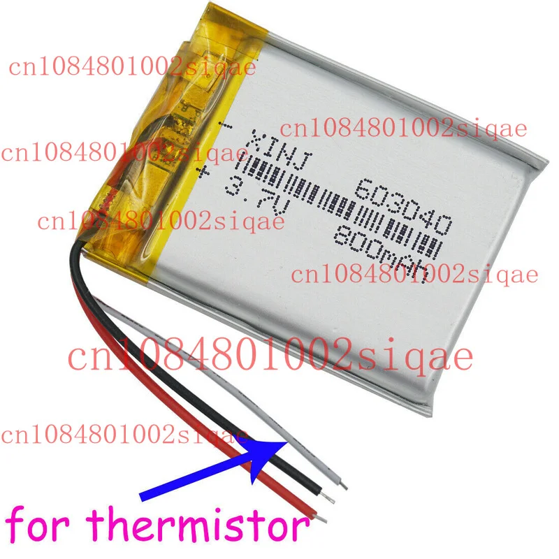 3.7V 800mAh 2.96Wh Batería recargable LiPo 603040 Termistor 3 cables NTC