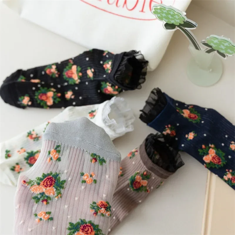 Lolita Lace Ruffle Socks Floral Embroidery Harajuku Vintage Short Socks Women Summer Ultra-thin Transparent Crystal Silk Socks image 3