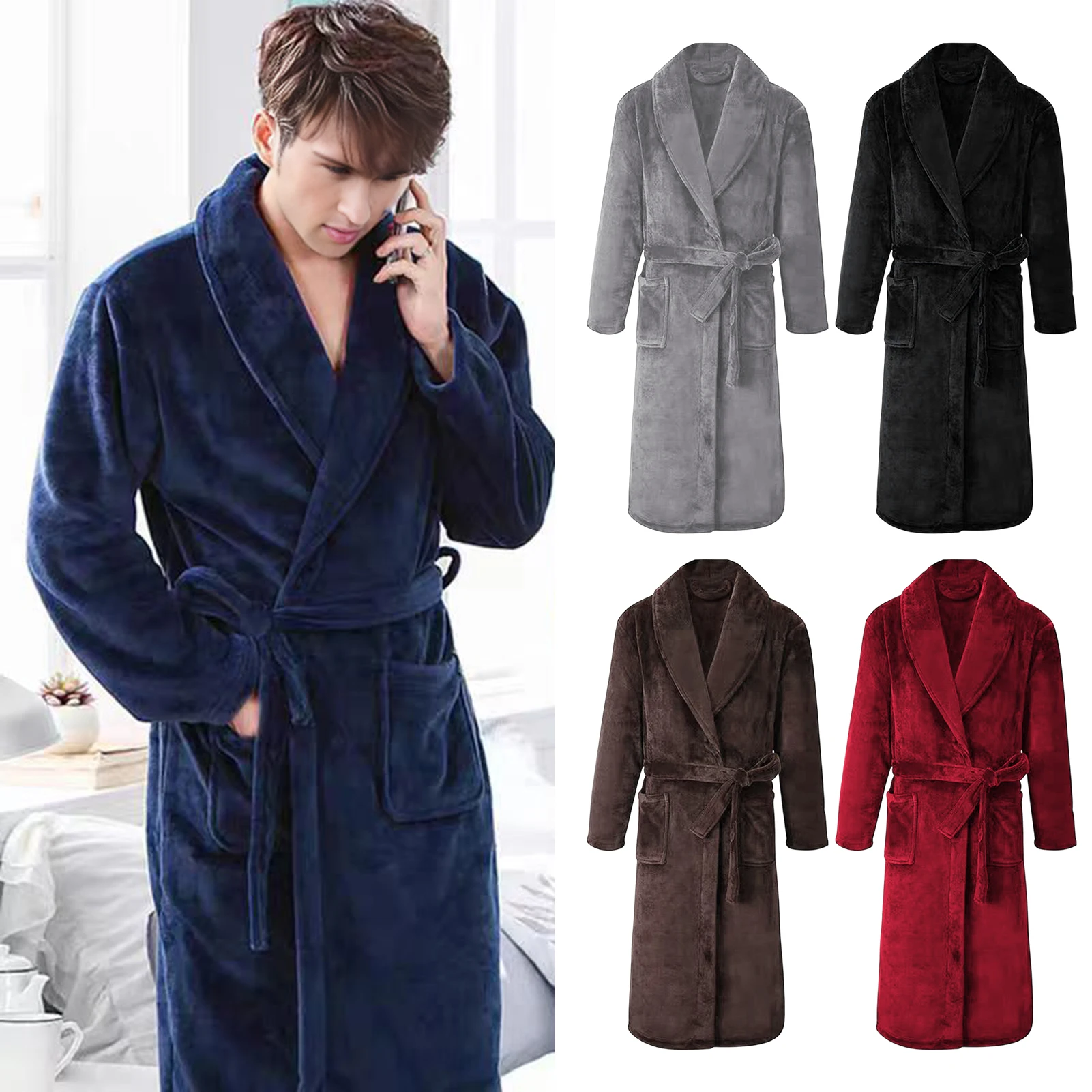 Belt Flannel Bath Robe for Men Hooded Pockets Warm Men Nightgown Men Plush Bathrobe Sleepwear Home Clothes Loose Pajamas Robe