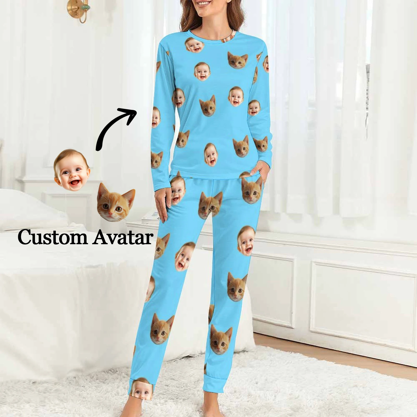 

Женские пижамы на заказ с лицом, домашняя одежда, женские пижамные комплекты с длинными рукавами на заказ, персонализированные пижамы с лицом, пижамы с фото на заказ