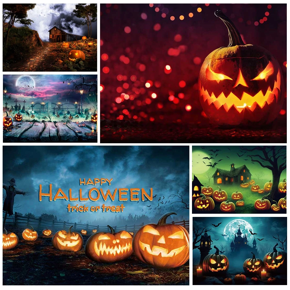

MOON.QG Halloween Pumpkins Backdrops Photo Studio Lanterns Cemetery Withered Trees Backgrounds Photographs Photozone Wallpaper