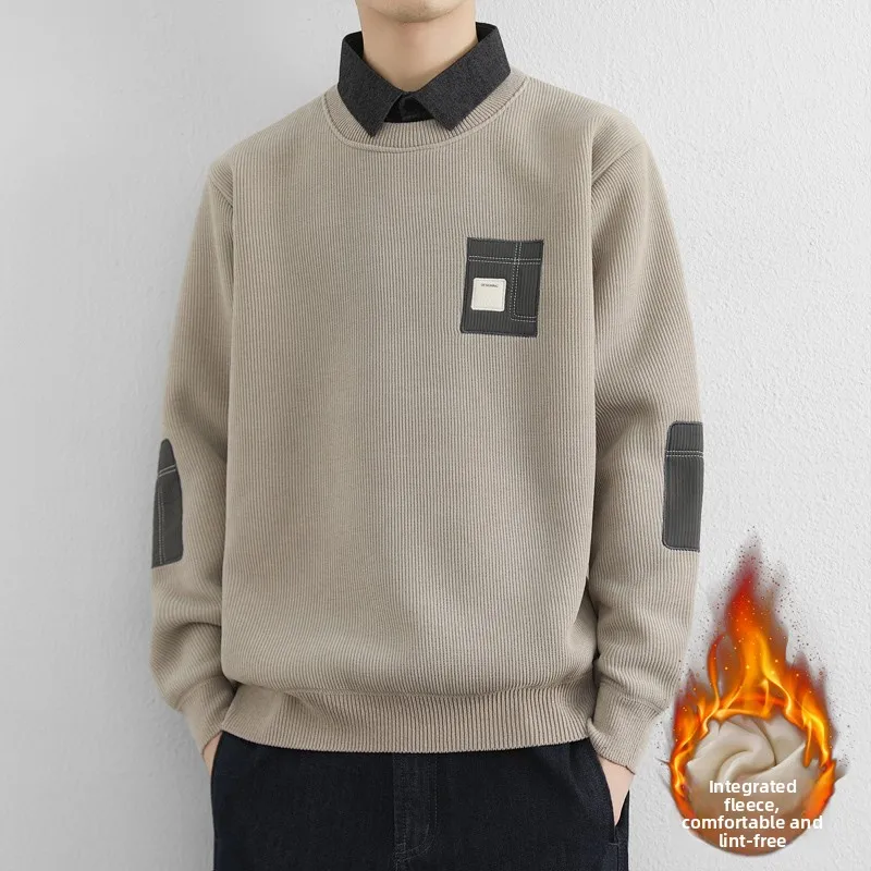 

Мужской вязаный свитер с флисовой подкладкой и встроенным утолщенным воротником, имитация двухслойности, повседневный, теплый, зимний, базовый слой