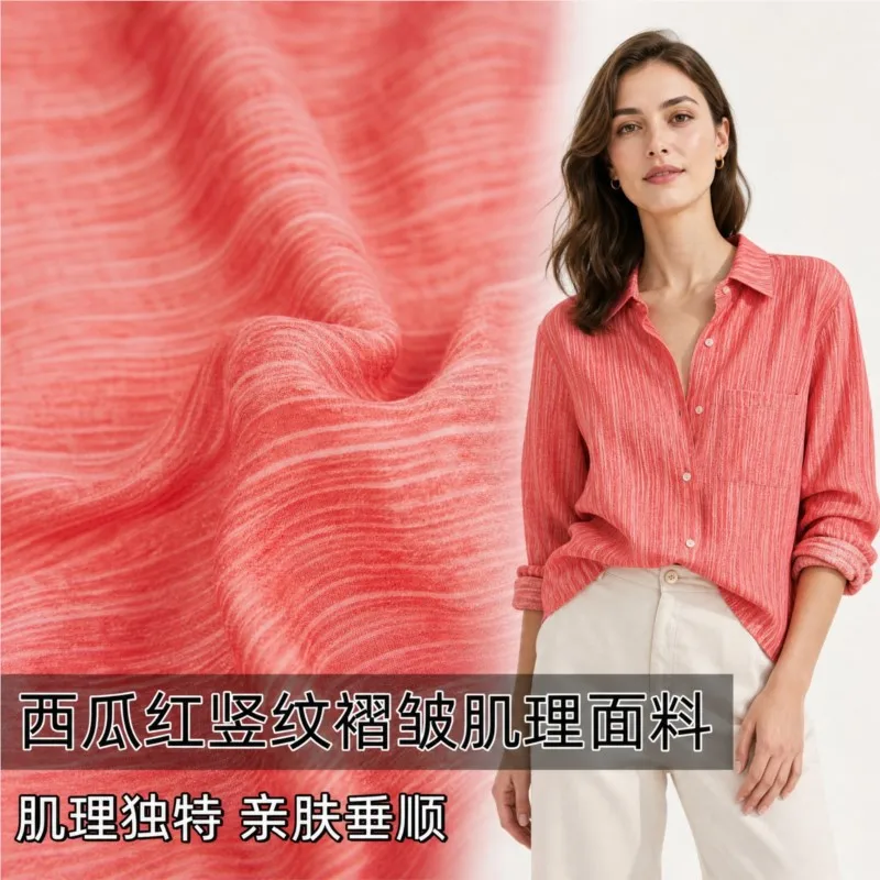 Skin-friendly draping watermelon red vertical stripe pleated cotton and linen fabric for shirts dresses trousers cheongsams