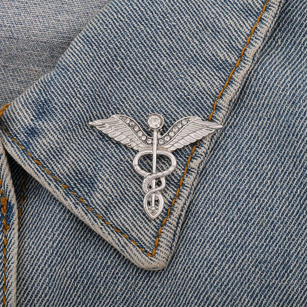 Large 3.2CM Caduceus Brooch Pin Lapel Badge Men\'s Rod of Asclepius Emergency Crystal Medical Staff Badge