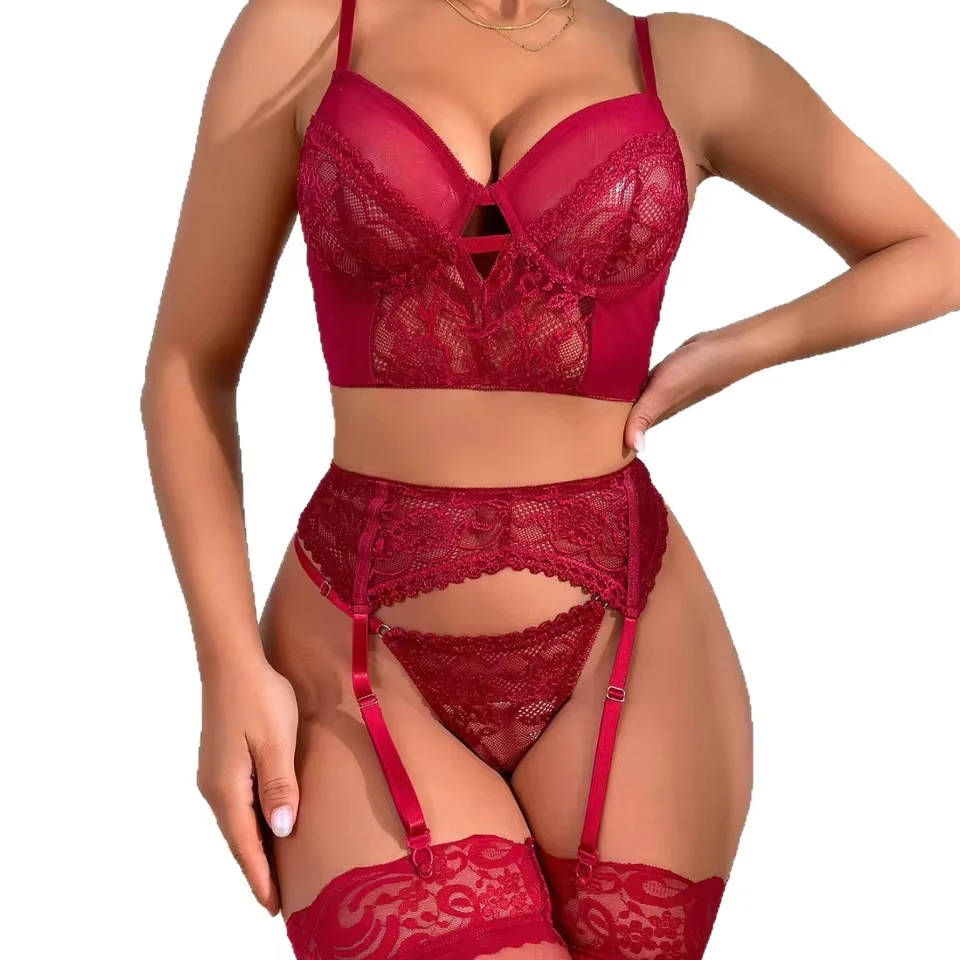 

4 Piece Set New Erotic Western Style Lace Trim Hollow Out Bra Featuring Sensual See Through Alluring Exquisite Sexy Lingerie Set