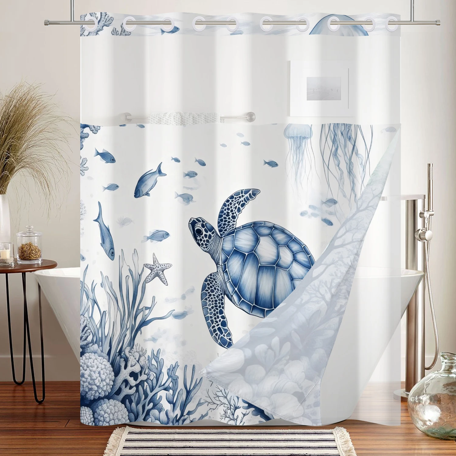 Double Layer Waterproof Shower Curtain with Sea Turtle and Fish Print Easy Install Built-in Liner Ocean Theme Bathroom Decor