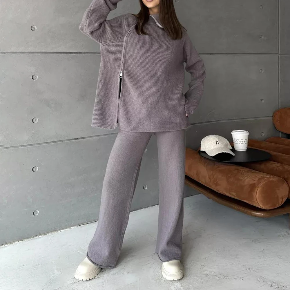 TWOTWINSTYLE Solid Two Piece Sets For Women Turtleneck Long Sleeve Spliced Zippers Tops High Waist Pants Minimalist Set Female
