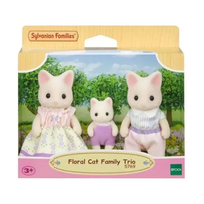 Anime Original Sylvanian Floral Cat Father & Baby'S Carriage Set Kawaii Figure Collectible Doll Birthday Gift Christmas Gift Toy