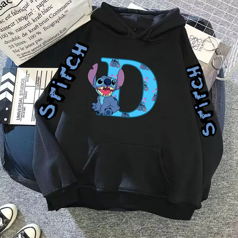 2024 Women\'s Winter Jacket Cute Kawaii Disney Lilo & Stitch Lucky Letter Print Black Hoodie Fashion Couple Streetwear Sportswear