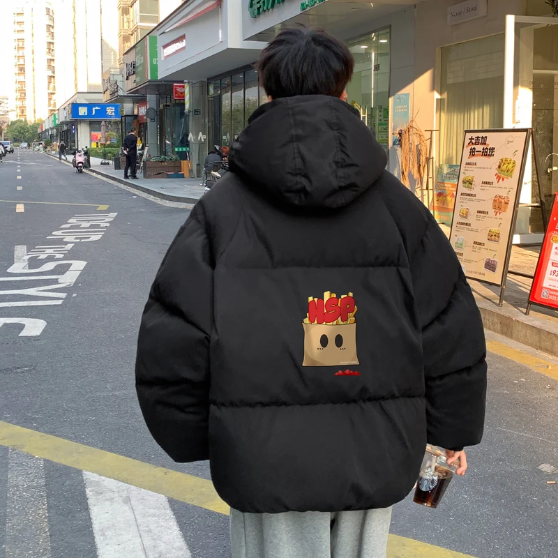 Fashion Winter Bread Jacket for Men Warm Male Parkas Big Size French Fries Print Men's Cotton Coat Oversize Men Clothing 2024