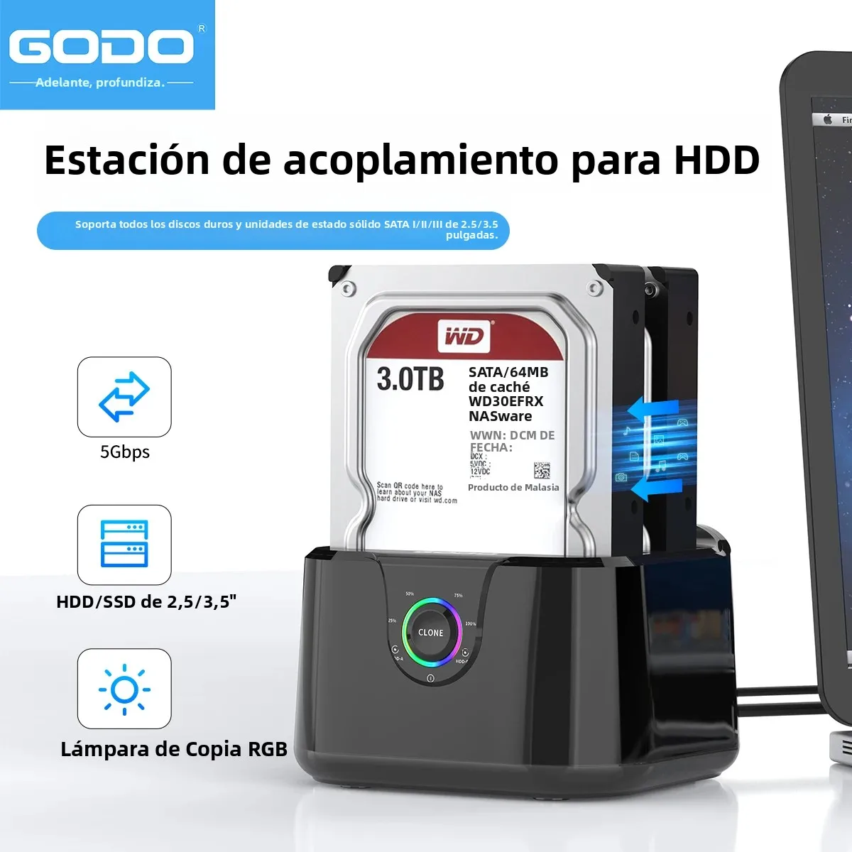Base de Conexión para Disco Duro GODO, Adaptador SATA a USB 3.0 para Discos SSD de 2.5 y 3.5 Pulgadas, Caja para Disco Duro, Base de Conexión para Disco Duro