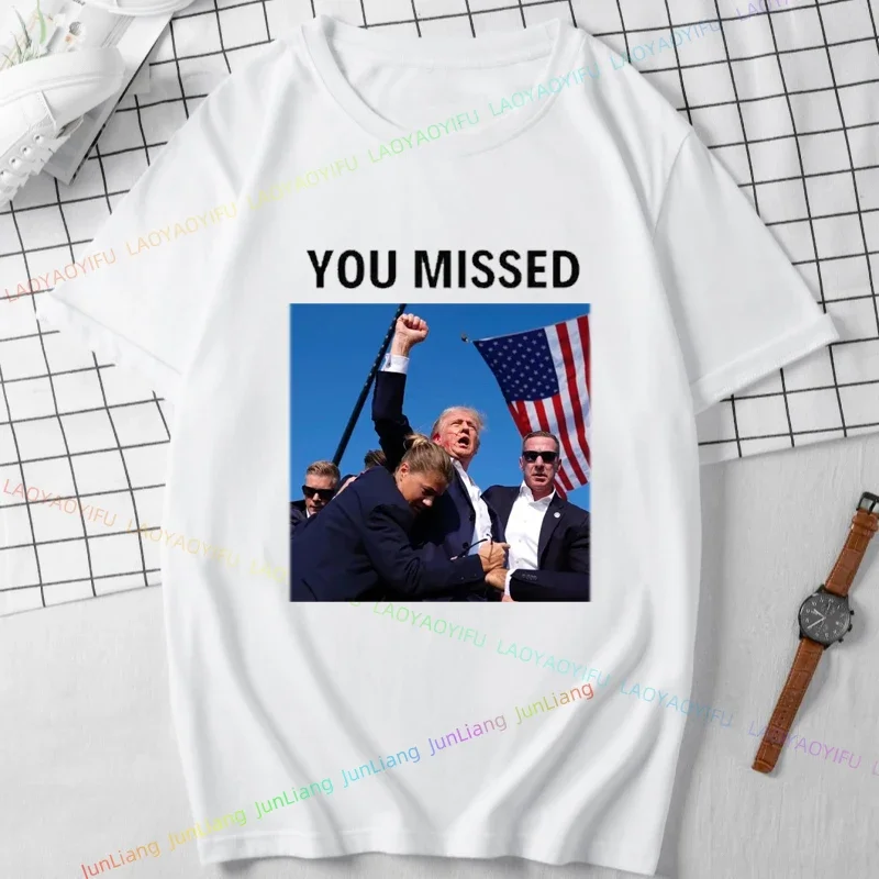 Donald Trump You Missed, Gunfight, Still Standing Never Surrender Printed T-shirt Summer Crew-neck Oversized Short-sleeved Shirt