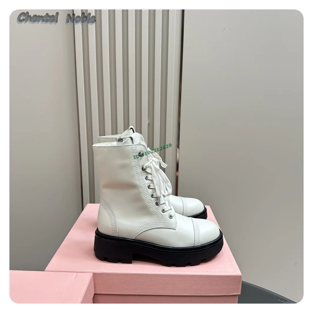 Black Leather Lace-up Side Zipper Ankle Boots For Women Flats Round Toe Casual Platform Shoes Autumn Winter 2024 New Arrivals