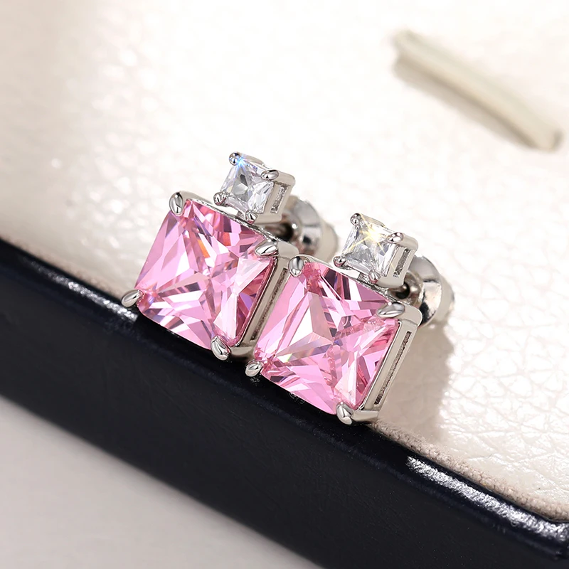 Huitan Trendy Rosa/Gelb Quadrat CZ Ohrstecker Luxus Hochzeit Ohrringe für Frauen Silber Farbe Exquisite Geschenk Modeschmuck