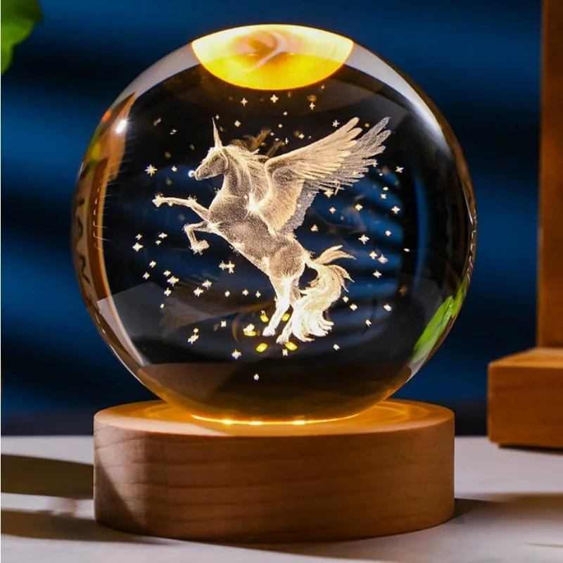 

3D Unicorn Crystal Ball with Led Light Base Mood Light SphereBedroom Wedding Fairy Lights Child Room Decoration LED Planetary